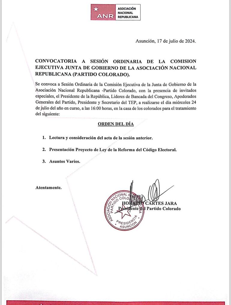 Convocatoria a sesión de la ANR, hecha por Horacio Cartes. (gentileza).