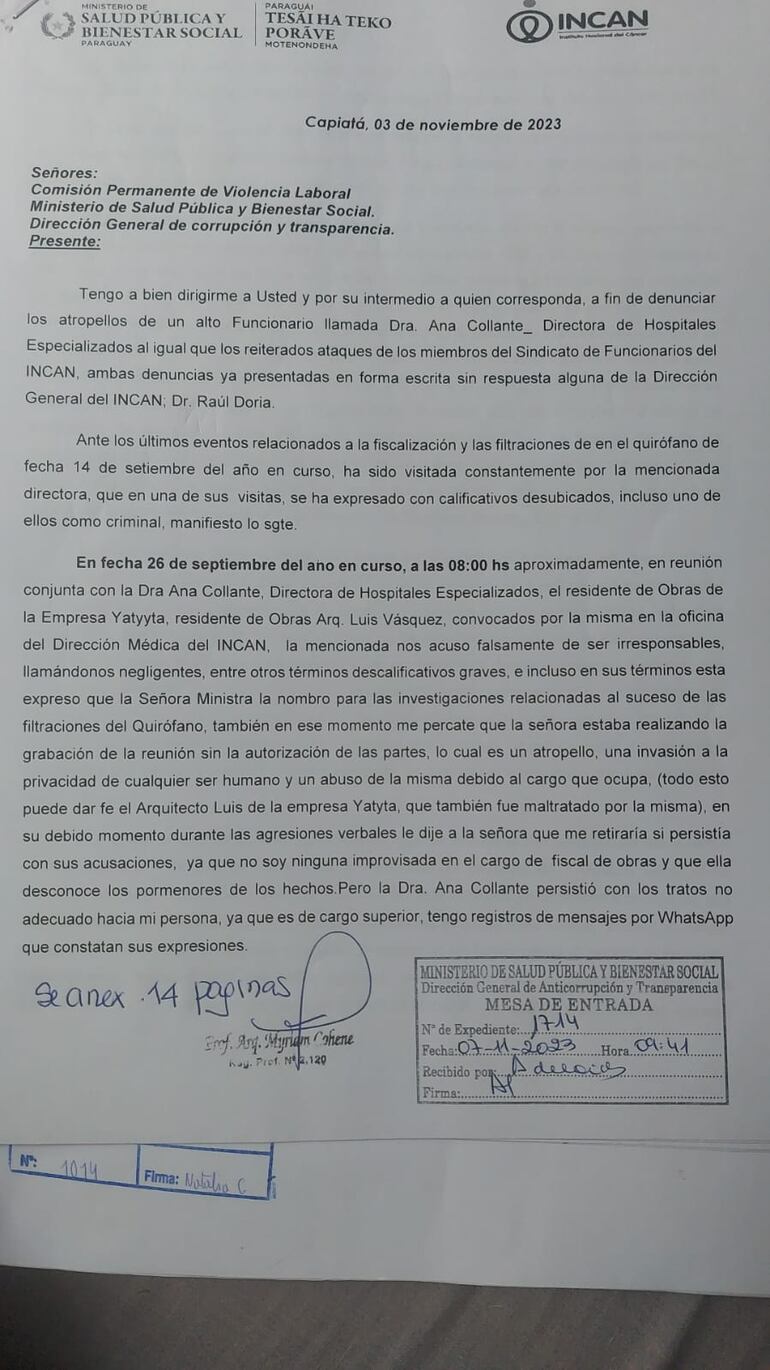 Denuncia que presentó la arquitecta Myriam Cohene contra la doctora Ana Collante, quien ahora dispuso su traslado del Incan.