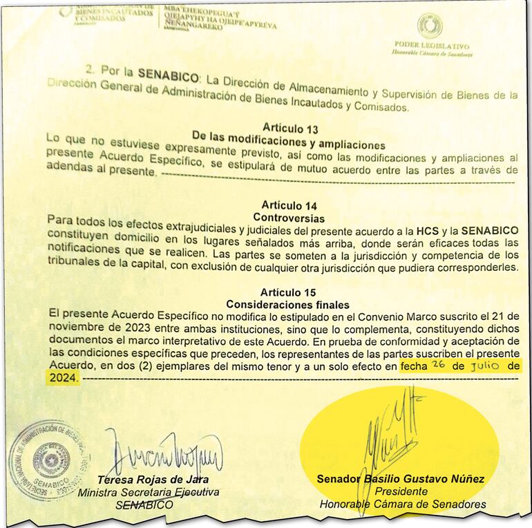 El presidente del Congreso y la titular de Senabico firmaron el documento el 26 de julio de 2024..