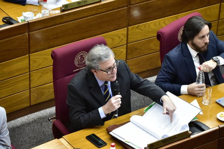 El senador Rafael Filizzola (PDP), con micrófono en mano, se expresa durante la sesión en la que se trata el reglamento para destituir a la senadora Kattya González (PEN).