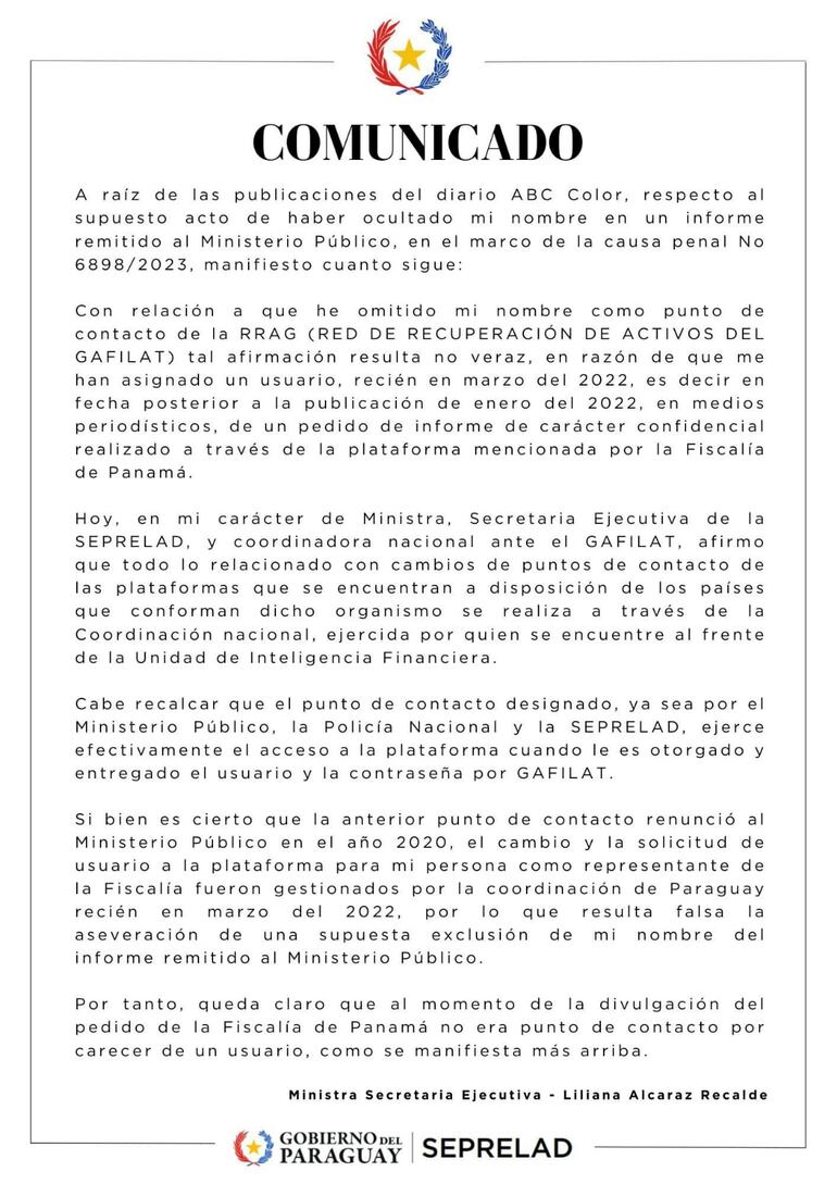 Comunicado oficial de Seprelad en el que Liliana Alcaraz intentó desmentir que había dado datos falsos en un informe al Ministerio Público.