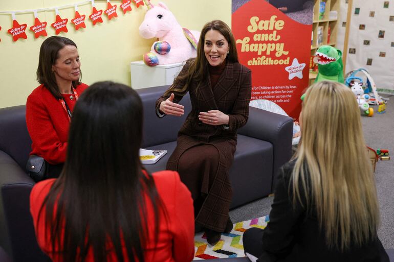 Britain's Catherine Princess of Wales reacts during a visit to a mother and baby unit at Styal prison near Wilmslow, north-west England on February 11, 2025. (Photo by Phil Noble / POOL / AFP)