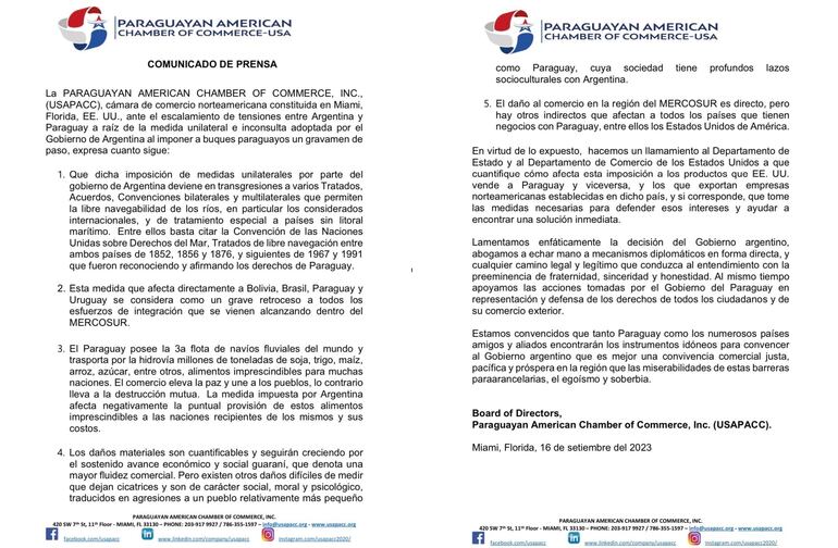 Comunicado de la  la Cámara de Comercio Paraguayo-Americana (USAPACC) en contra del peaje unilateral en la hidrovía, por parte de Argentina.