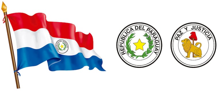 La bandera paraguaya y sus escudos actuales, tras el decreto del 2013.