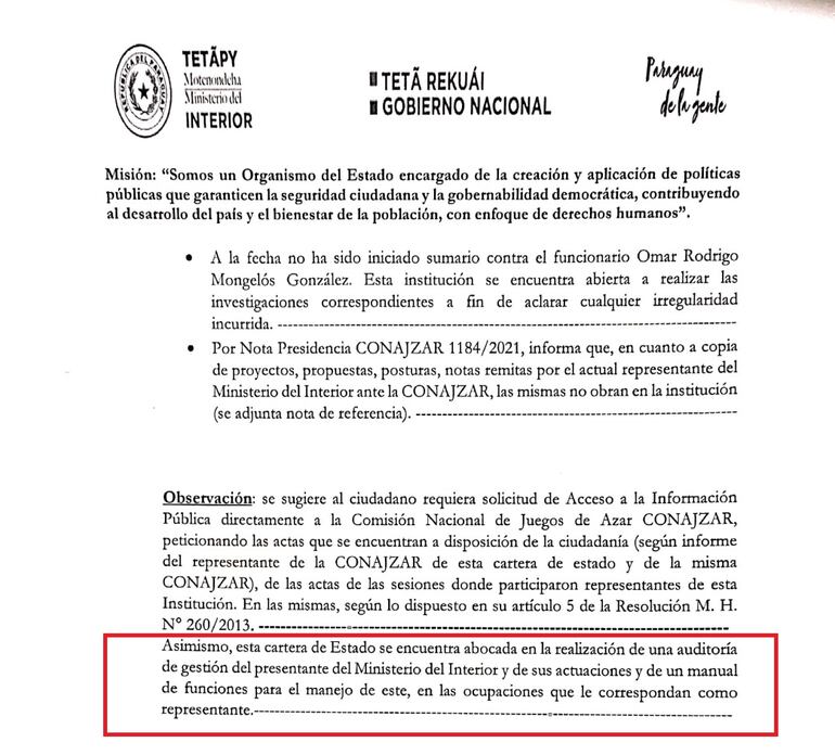 Facsímil de la respuesta del Ministerio de Interior, de setiembre, donde como una observación reporta que la cartera estatal está investigando a su representante.