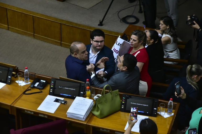 Basilio "Bachi" Núñez, líder de la bancada colorada cartista, empuja a Eduardo Nakayama (PLRA) en la sesión donde tomaron juramento a Alicia Pucheta para representar al Ejecutivo en el Consejo de la Magistratura, calificado como violación a la Contitución Nacional.