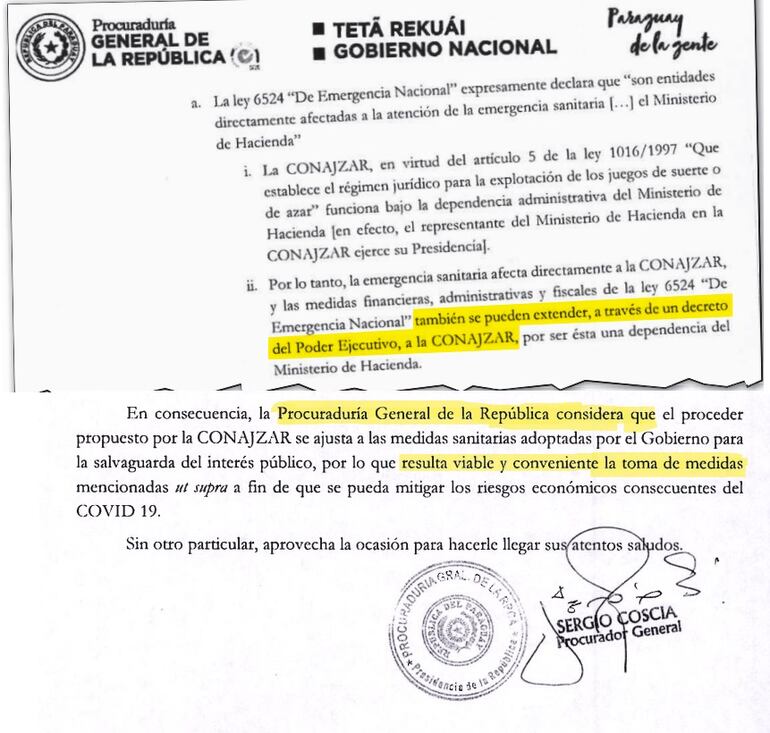 Facsímil del Dictamen N° 191/20 del Procuraduría, en el cual Sergio Coscia describió el contexto social de la pandemia y su impacto económico, por lo que consideró viable la reducción del canon a concesionarias de juegos de azar.