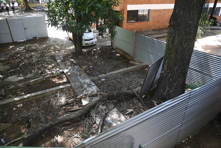 En el colegio Carlos Antonio López, Engineering colocó los puntales y chapas en el espacio donde debía de iniciar la construcción de salones de clase.