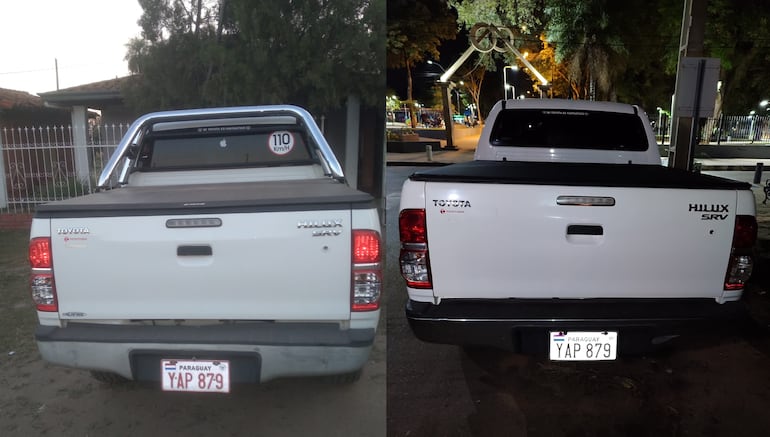 Nuevo caso de supuesta clonación de chapas: camioneta con documentos originales (izq.) y camioneta con chapa presuntamente clonada (der.).