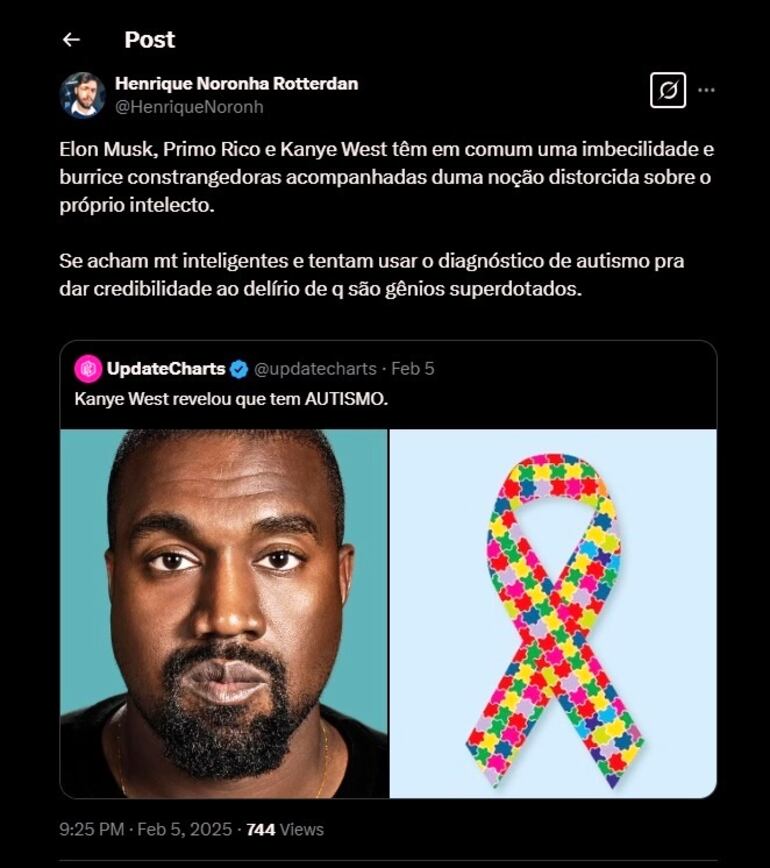 "Elon Musk, Primo Rico y Kanye West tienen en común una imbecilidad y una estupidez vergonzosas acompañadas de una noción distorsionada de su propio intelecto. Creen que son muy inteligentes y tratan de utilizar el diagnóstico de autismo para dar credibilidad a la ilusión de que son genios superdotados."