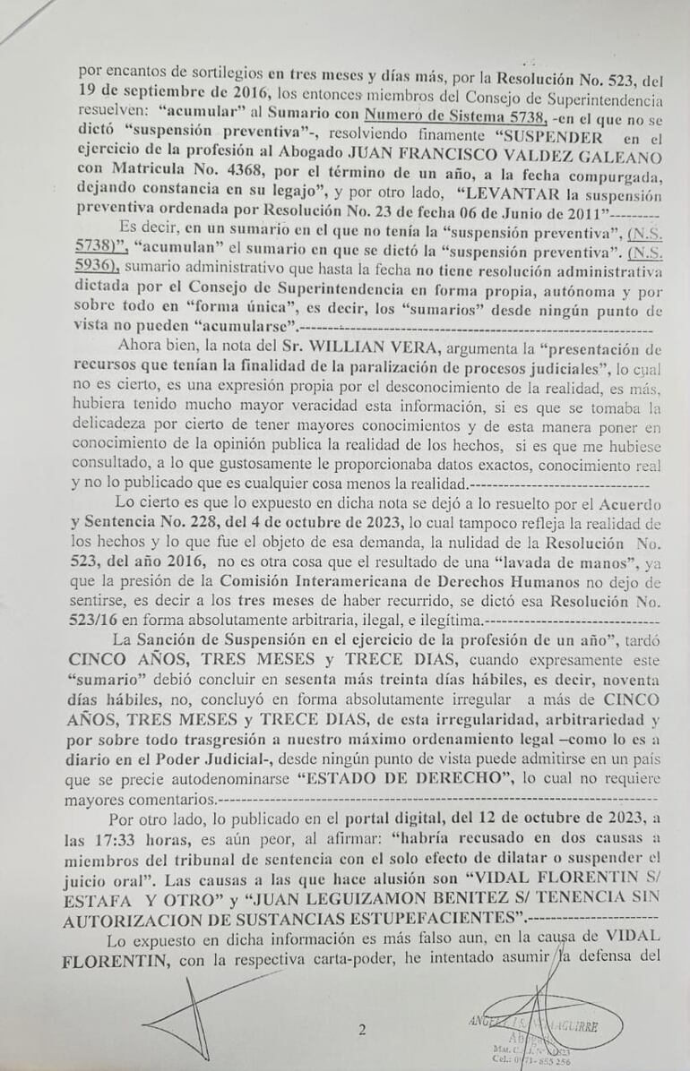 Carta de Juan Francisco Valdez a ABC