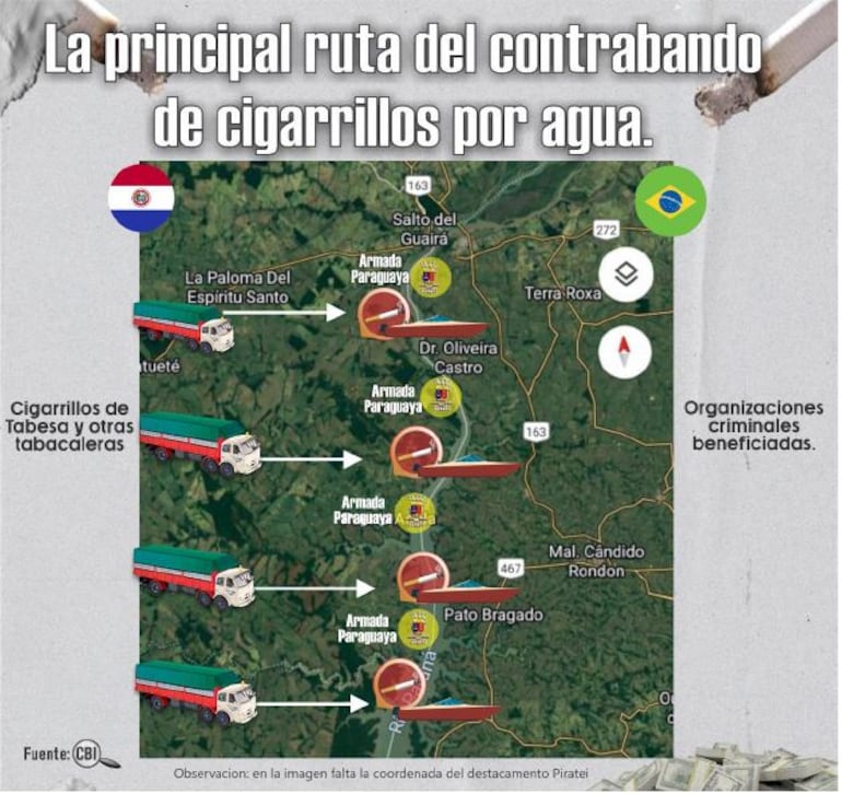 En este mapa se  localizan  los puertos clandestinos y alrededor están  los  puestos militares.