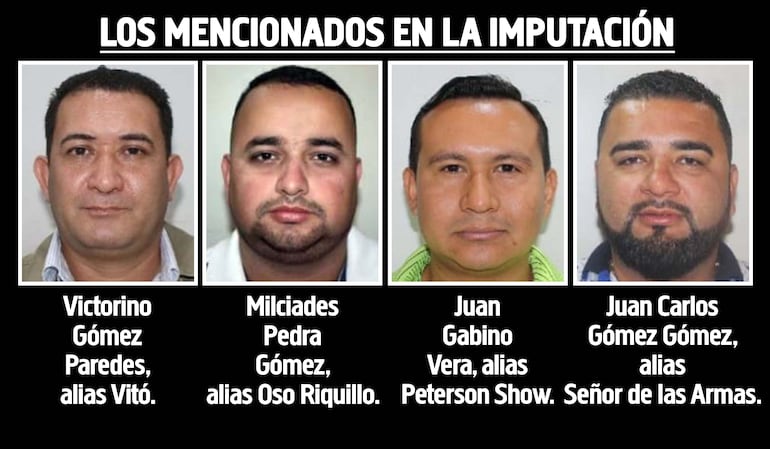 Victorino Gómez Paredes, alias Vitó; Milciades Pedra Gómez, alias Oso Riquillo; Juan Gabino Vera, alias Peterson Show, y Juan Carlos Gómez Gómez,  alias Señor de las Armas, quienes estaban farreando en el Ja'umina Fest con el ahora fallecido Marcos Ignacio Rojas Mora, alias Marcos Capital.