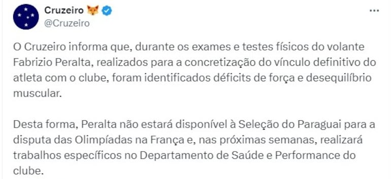 El comunicado de Cruzeiro sobre Fabrizio Peralta.