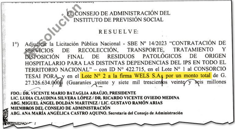 Resolución del Consejo  de IPS del 21 de junio  por la cual se le adjudicó a Wels el Lote N°2 de  disposición de basura patológica.