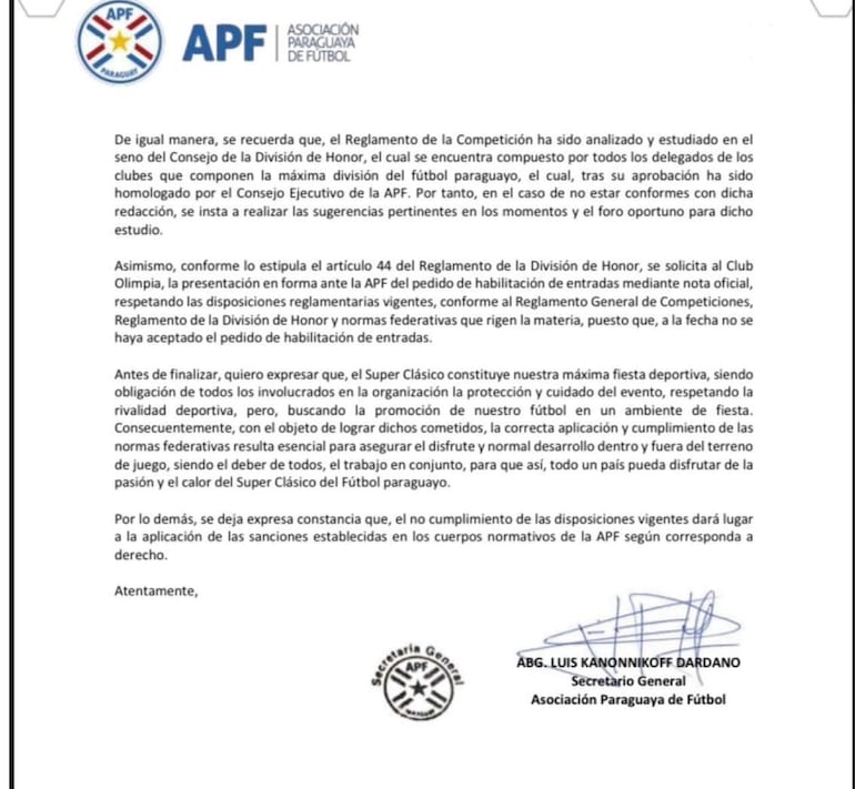 Nota de APF a Olimpia