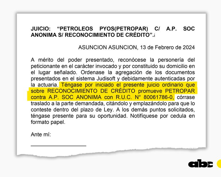Resolución del juez Arnaldo Ramón Martínez, que admite la demanda de Petropar a AP SA de Andrea Lafarja.