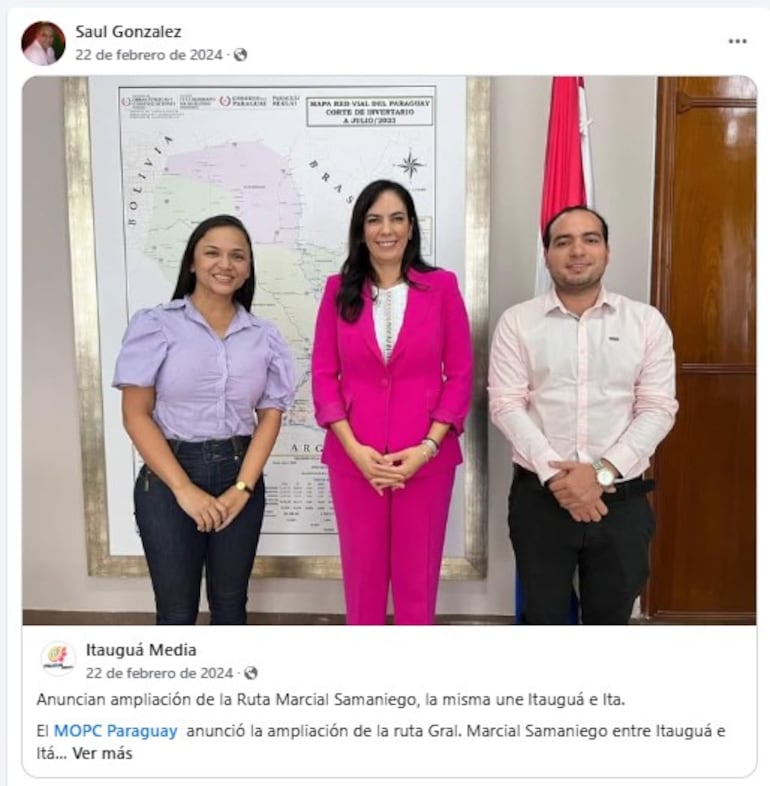 Publicación de Saúl González apoyando a la diputada Jazmin Narvaez junto a la ministra de Obras, Claudia Centurión y el intendente de Itauguá, Horacio Fernández