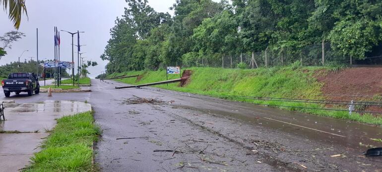 Columnas caídas sobre la avenida Itaipú, al costado del refugio Mbaracayú