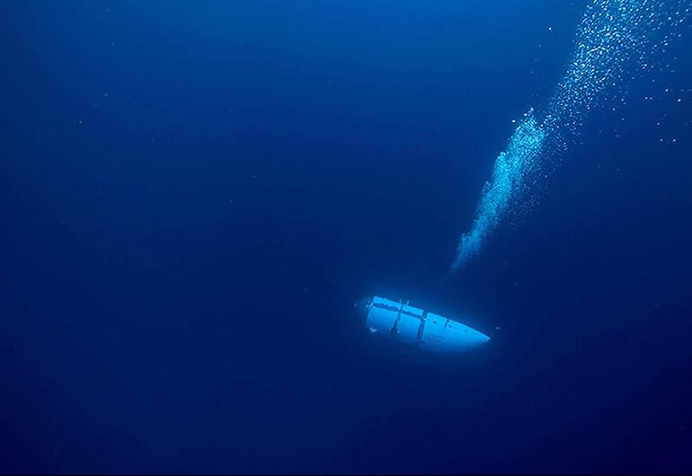 Imagen cedida por  Ocean Gate Expeditions en la que se observa al sumergible Titan. El pequeño submarino está desaparecido desde ayer con 5 personas a bordo.  (AFP)