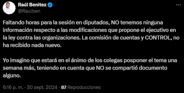 Raúl Benítez sobre devolución a la Cámara de Diputados del proyecto de ley anti-ONG con modificaciones realizadas por el Poder Ejecutivo.