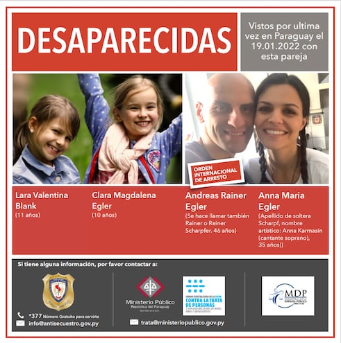 Clara Magdalena Egler (10) y Lara Valentina Blank (11) son dos niñas alemanas que estarían en Paraguay. Habrían venido con sus padres Andreas Rainer Egler -padre de Clara- y Anna Maria Egler -madre de Lara-, antivacunas que no informaron del viaje a los otros padres de las niñas.