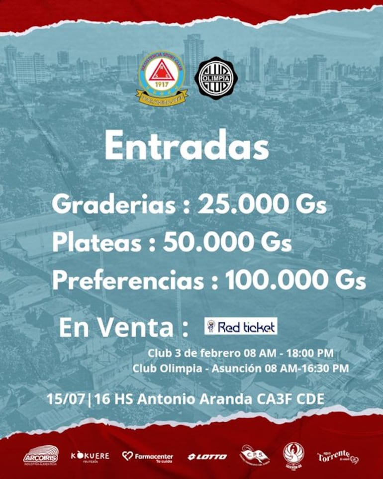 Los precios y puntos de venta de las entradas de Resistencia vs. Olimpia en el Antonio Aranda de Ciudad del Este.