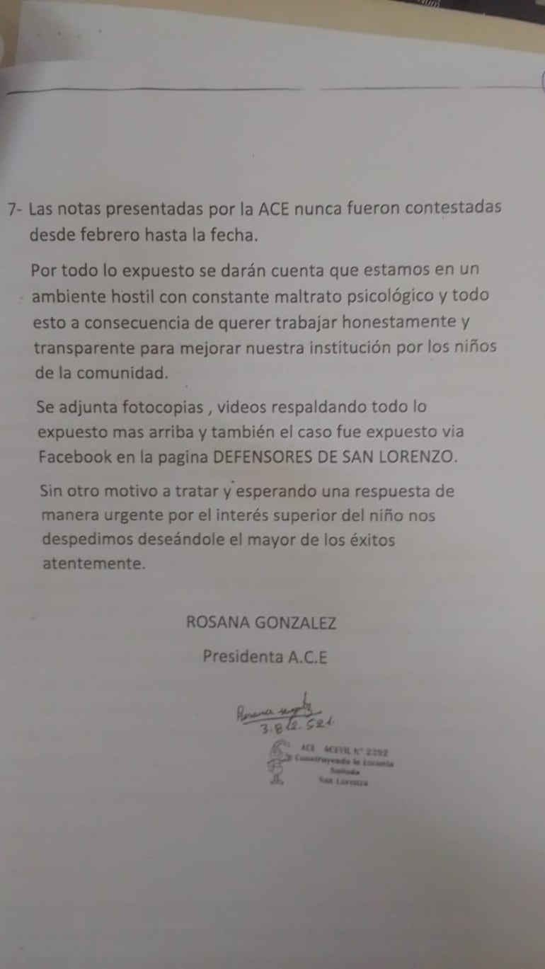 En la imagen se puede observar parte de la denuncia planteada ante la Dirección de Asesoría Jurídica del Ministerio de Educación y Ciencias (MEC).