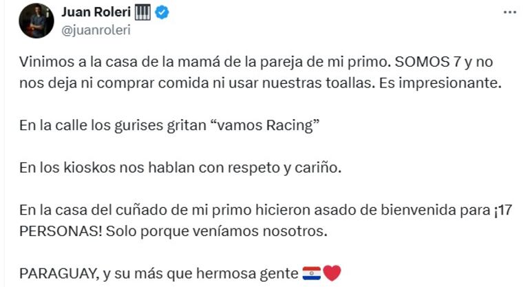 Comentarios en redes sociales sobre la hospitalidad de Paraguay.