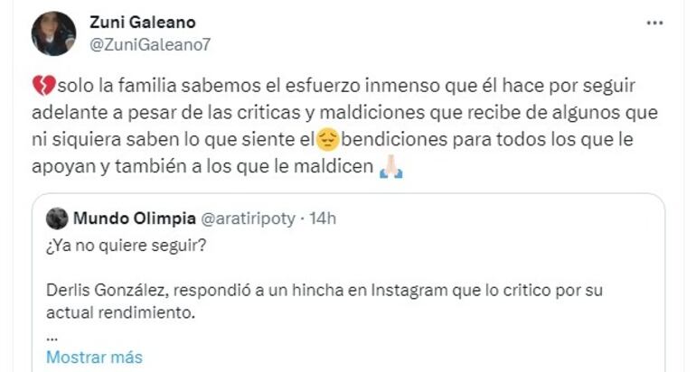 La respuesta de la madre de Derlis González a la crítica de un hincha.