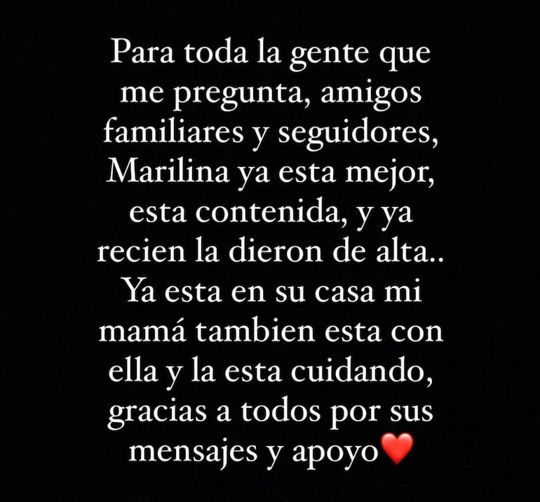 Así anunció Mariela Bogado que su hermana Marilina ya está en su casa. (Captura de la historia de Instagram de Mariela Bogado)