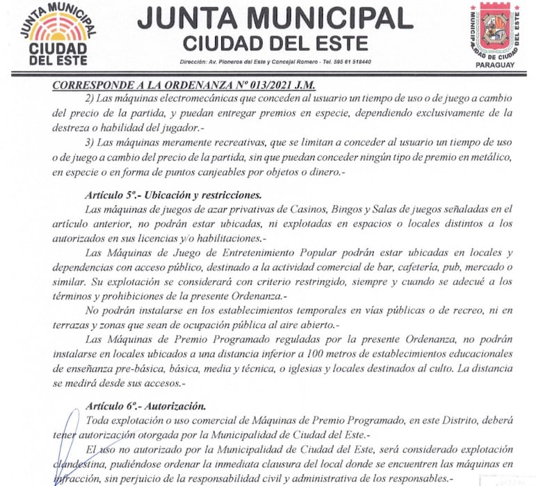 Facsímil de la ordenanza N° 13/2021 de Ciudad del Este en la cual se aprecia que permite el uso de tragamonedas en sitios no exclusivos de juegos de azar, en contra de lo que establece la Ley N°1016  de Juegos de Azar y el Decreto N° 3083/15.