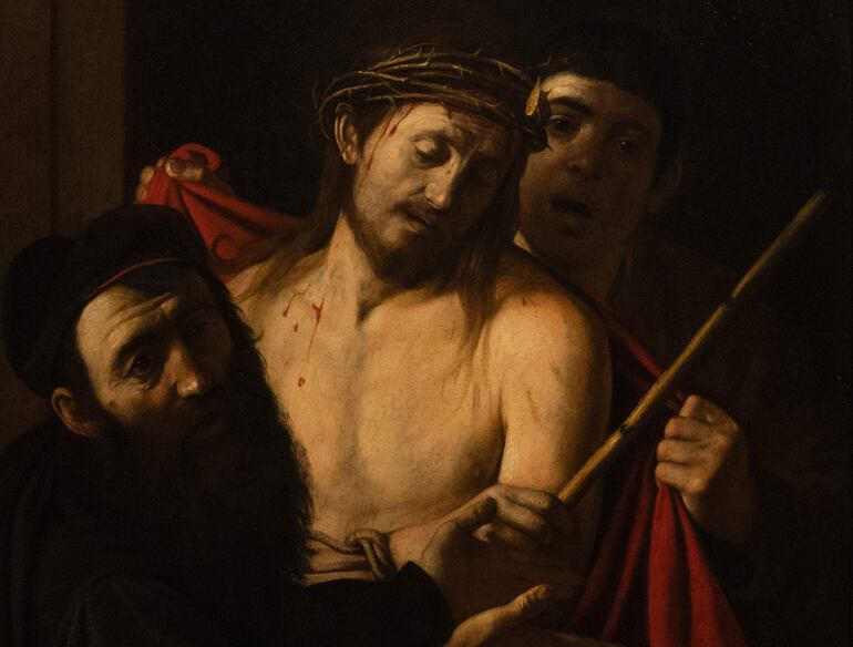 Detalle de la obra "Ecce Homo", de Caravaggio, que retrata a Jesús vistiendo la corona de espinas antes de su crucifixión.