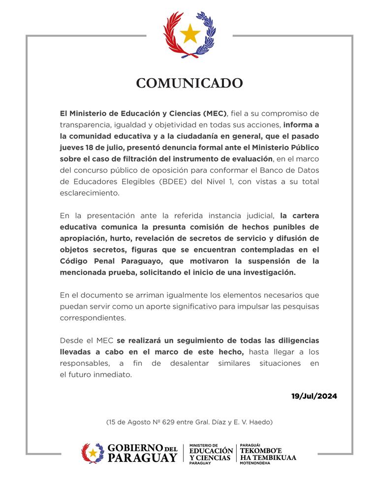 Comunicado del MEC.