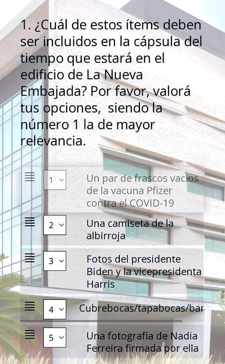 Encuesta para elegir qué elementos irán en la capsula del tiempo de la embajada de los Estados Unidos. 