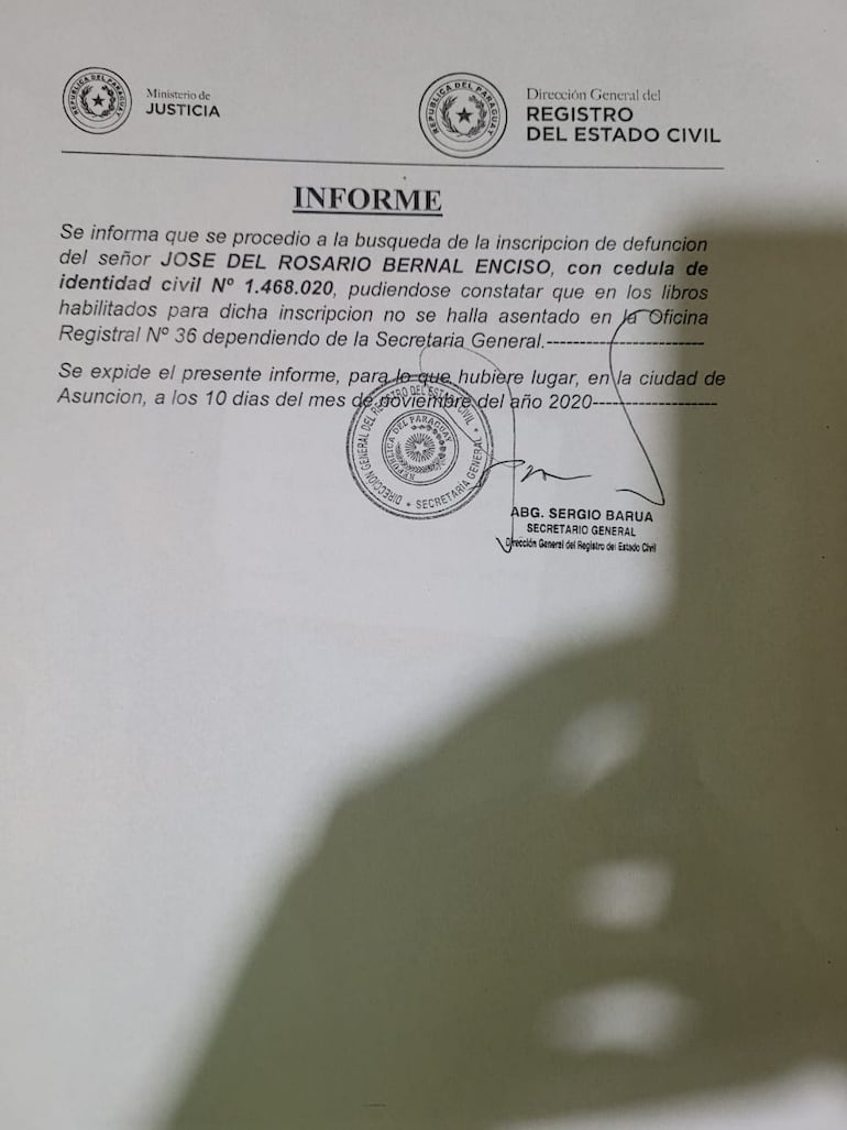 Informe del Registro Civil en el que se constata que Bernal que no existe un certificado de defunción de Bernal.