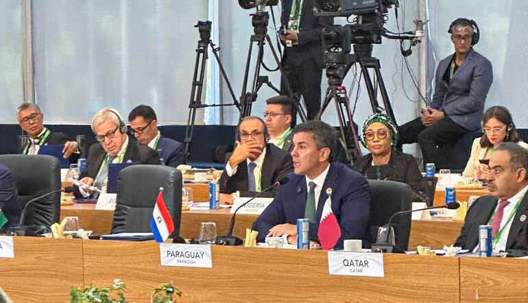 Santiago Peña, presidente de Paraguay durante su exposición en la cumbre del G20. (gentileza).