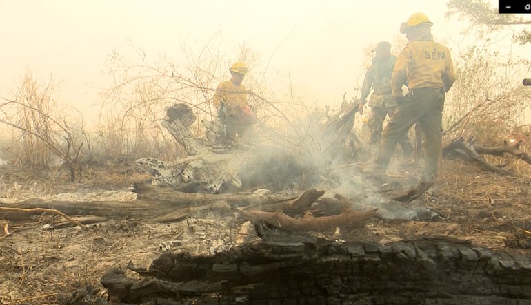 Bomberos voluntarios y trabajadores de la Secretaría de Emergencia Nacional (SEN), en el Chaco.