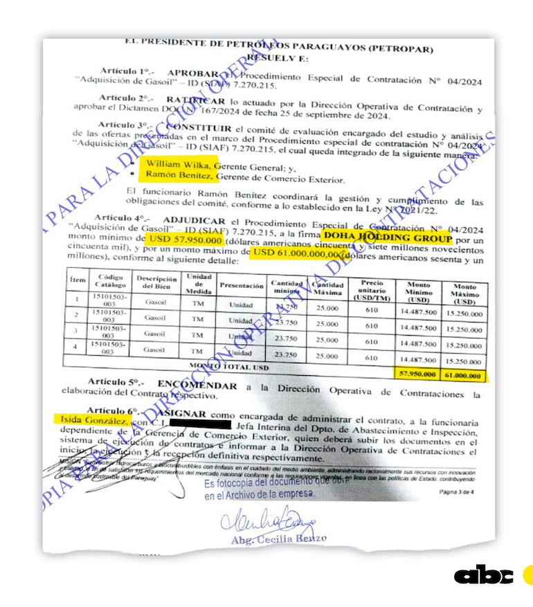 Petróleos Paraguayos (Petropar), dirigido por Eddie Jara, adjudicó la adquisición de 100.000 toneladas métricas de gasoíl a la firma Doha Holding Group LLC, de Catar, que recién se creó en diciembre del año pasado. 