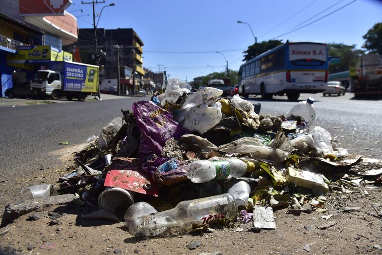 Basura sobre la avenida Fernando de la Mora. Foto tomada ayer a las 11:00.