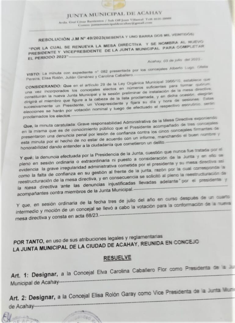 Resolución N°49/2023 por la cual designan a los nuevos miembros de la mesa directiva de la Junta Municipal de Acahay.