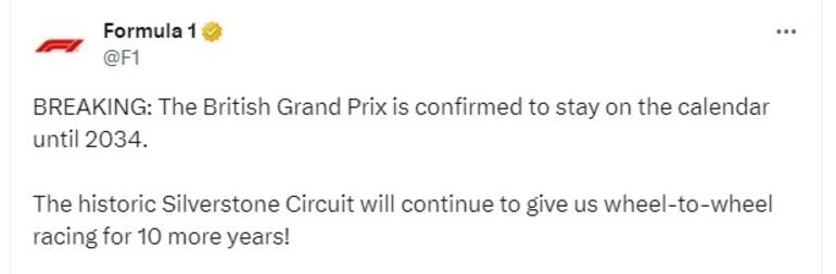 El comunicado de la Fórmula 1 sobre la renovación del Gran Premio de Gran Bretaña hasta 2023.