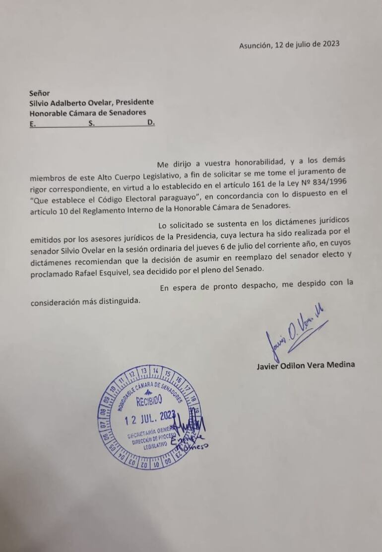 Nota enviada por Javier "Chaqueñito" Vera, al presidente del Senado, Silvio Ovelar. (gentileza).