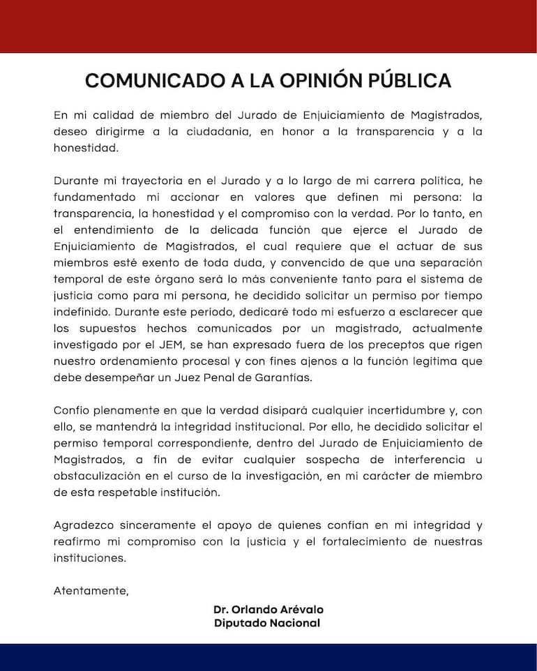 Comunicado del diputado Orlando Arévalo.