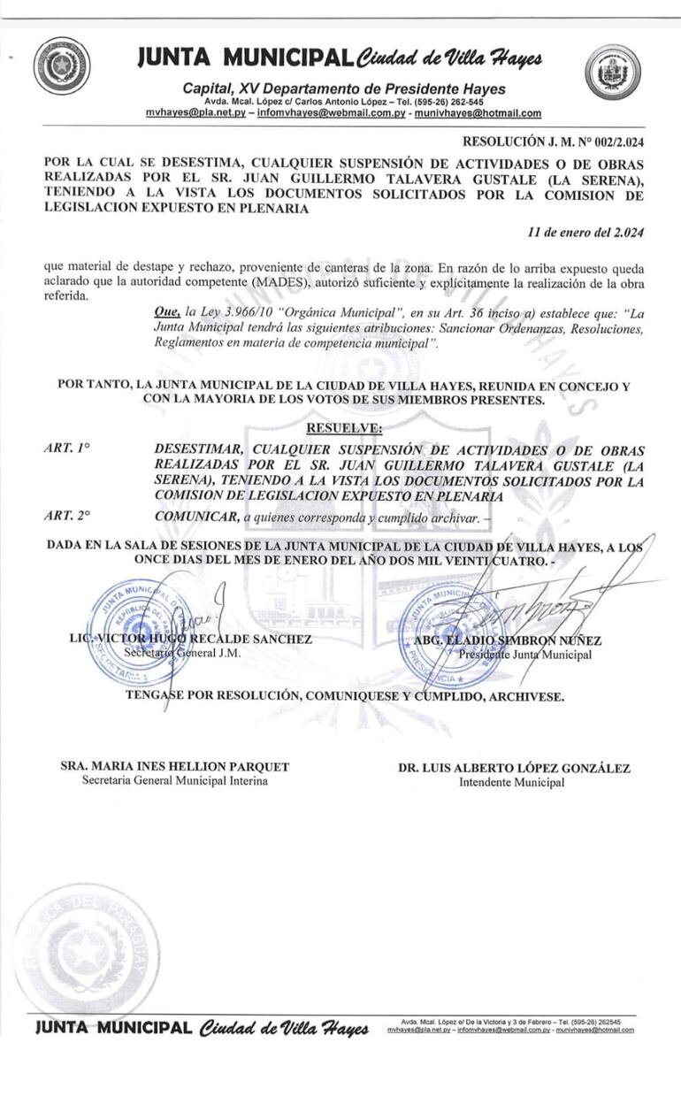 Resolución del 11 de enero pasado de la Junta Municipal que respalda a Guillermo Talavera.