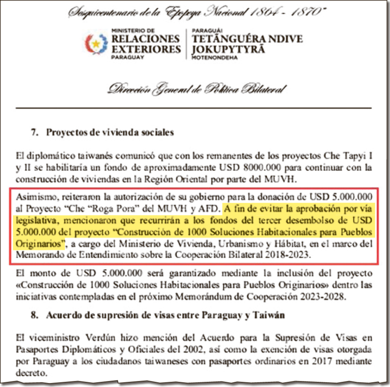 El documento redactado habla de evitar la aprobación por vía legislativa utilizando  el tercer desembolso de US$ 5 millones  que debía ser para construir viviendas en comunidades  indígenas.