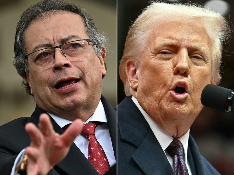 Esta combinación de imágenes muestra al presidente colombiano Gustavo Petro en Bogotá y al presidente estadounidense Donald Trump en Washington, DC.