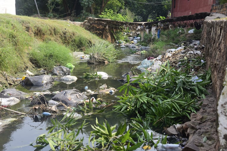 El arroyo Itay altamente contaminado, de color verde y con gran cantidad de basura.