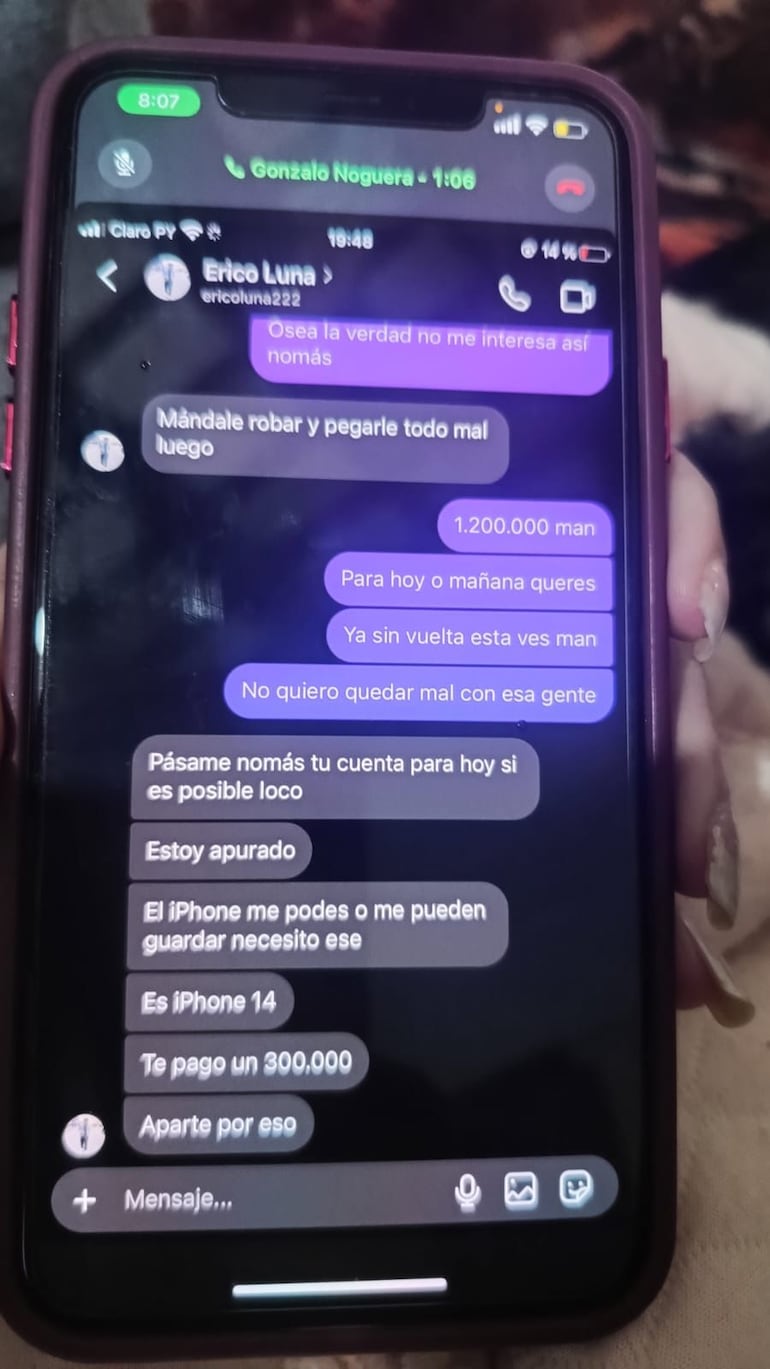 Chat de supuesta amenaza de Erico Luna a Liliana Mongelos.