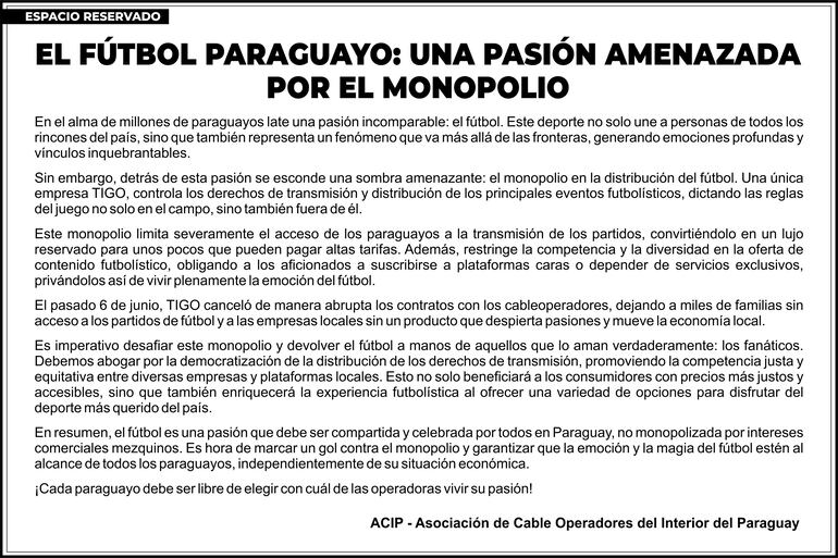 Espacio reservado de la Asociación de Cable Operadores del Interior del País (ACIP)